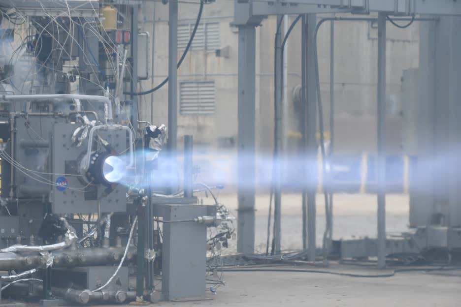 A test fire of a 3D printed rotary explosion rocket engine releases a plume